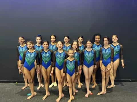 a group of women in blue swimsuits posing for a photo