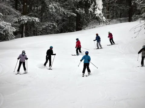 a group of people skiing on the snow