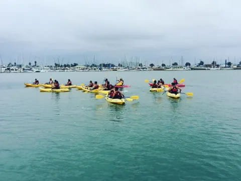 a group of people in kayaks on a body of water