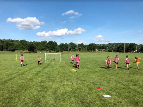 a group of kids playing with a frisbee