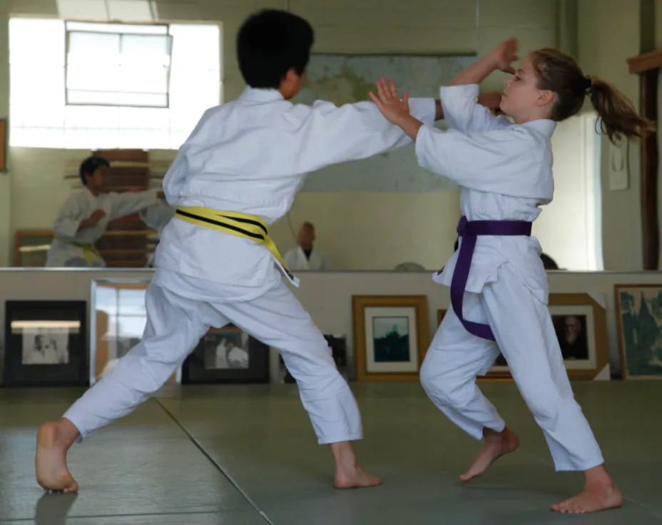 a man and a woman practicing karate