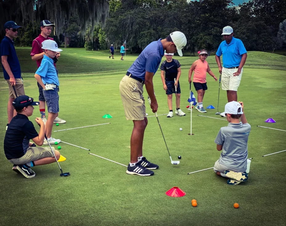 a group of people playing golf