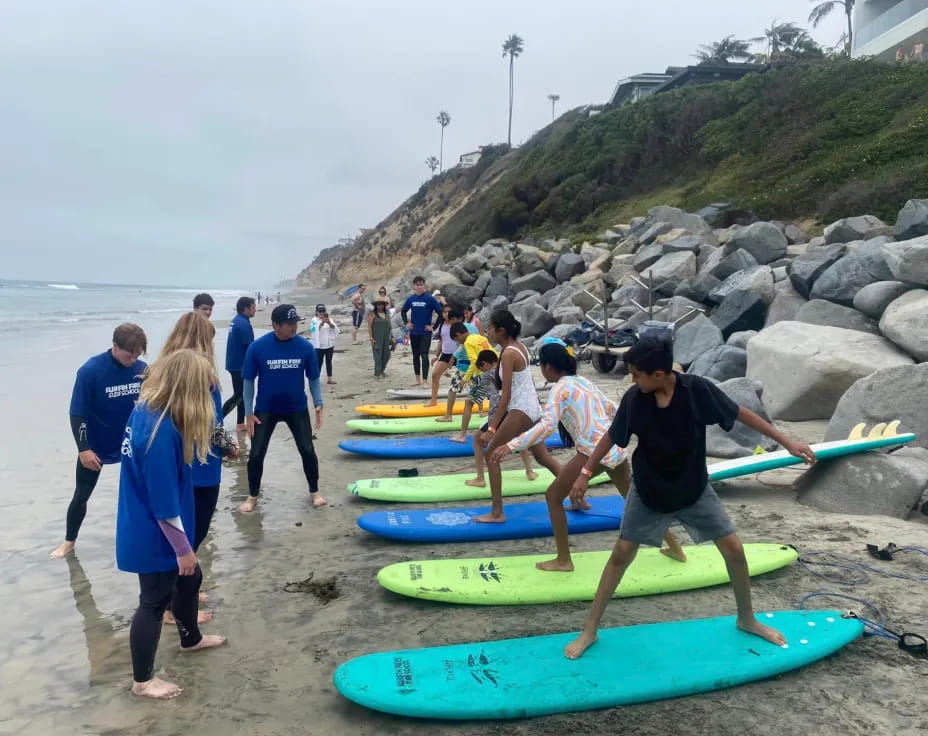 a group of people stand on the beach with surfboards