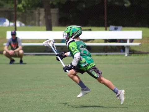 a person wearing a helmet and holding a stick on a field