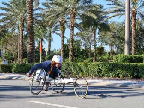 a person in a wheelchair on a road with trees and bushes