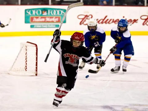 a group of people playing hockey