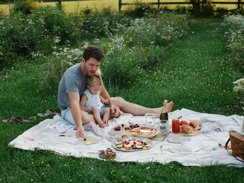 a person and a child sitting on a blanket in a grassy area