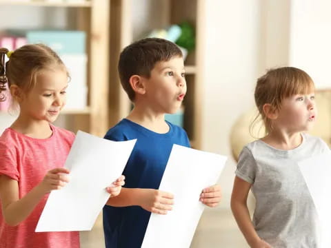 a group of children holding papers