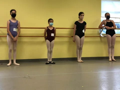 a group of women in leotards standing on a stage