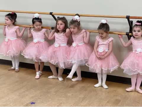 a group of girls in pink dresses