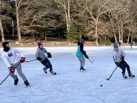 a group of people playing hockey