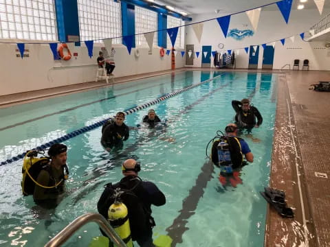 a group of people in a pool