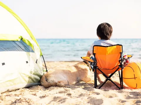 a dog and a person sitting on a beach by a tent