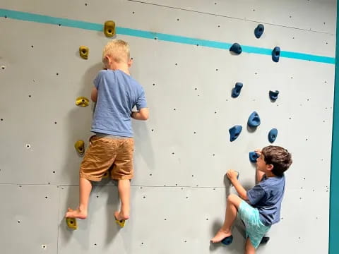 a couple of boys climbing a wall