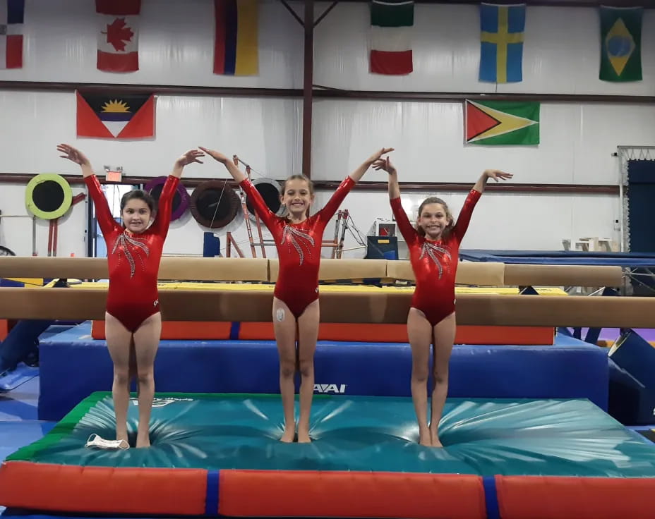 a group of women in leotards on a mat in a gym