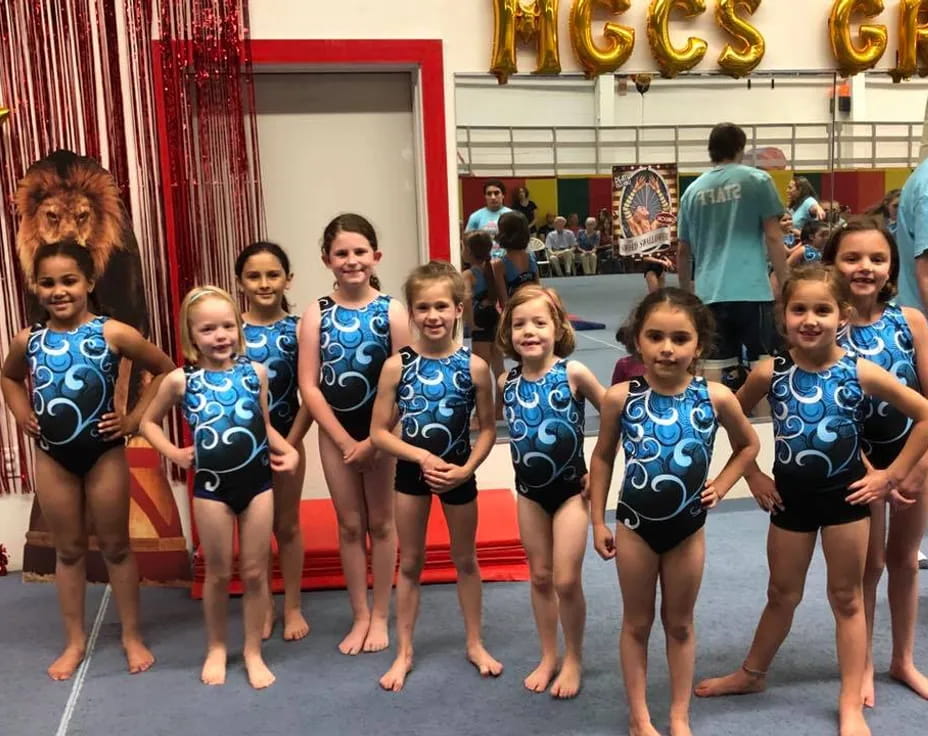a group of girls in blue leotards posing for a photo