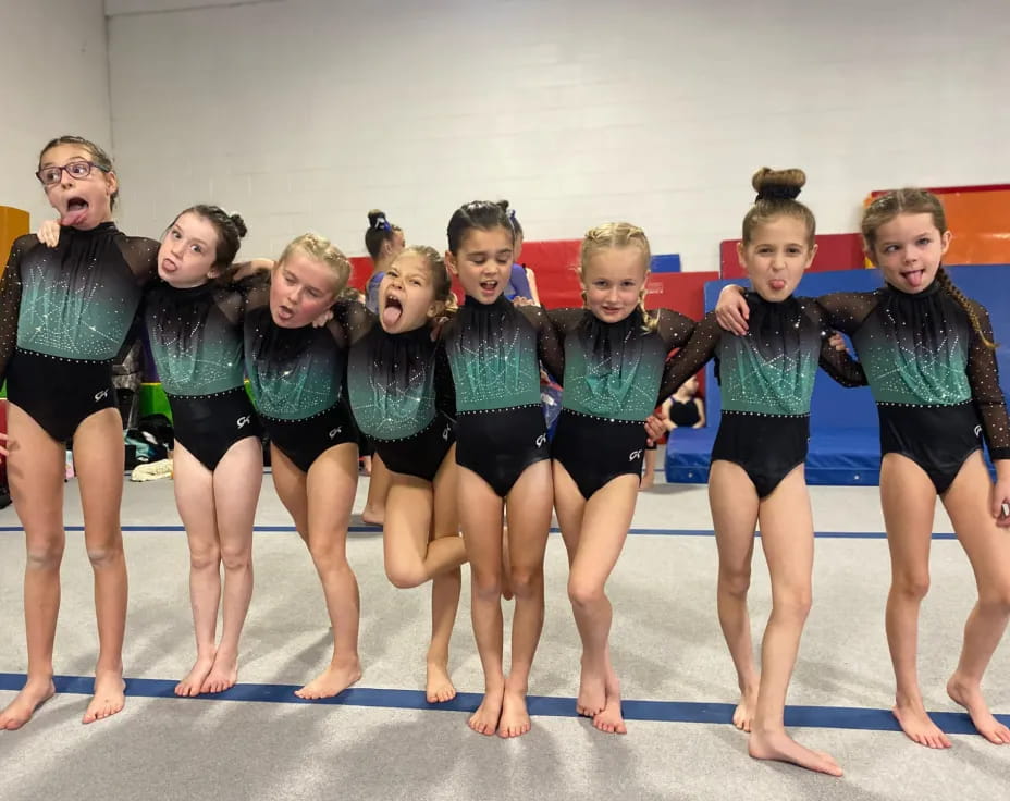 a group of girls in leotards posing for a photo