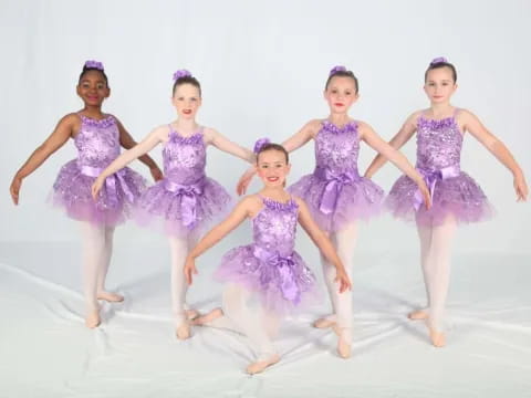 a group of girls in purple dresses