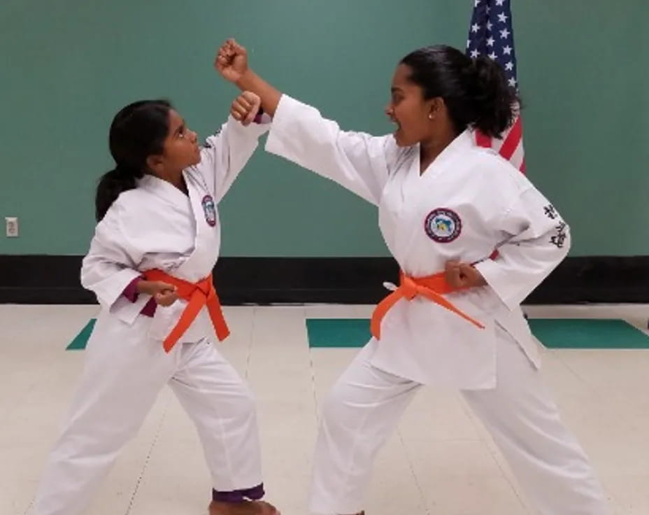 a couple of women in karate uniforms