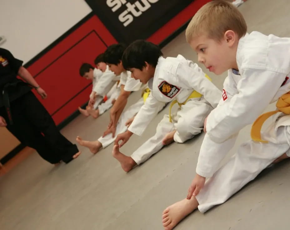 a group of people in karate uniforms