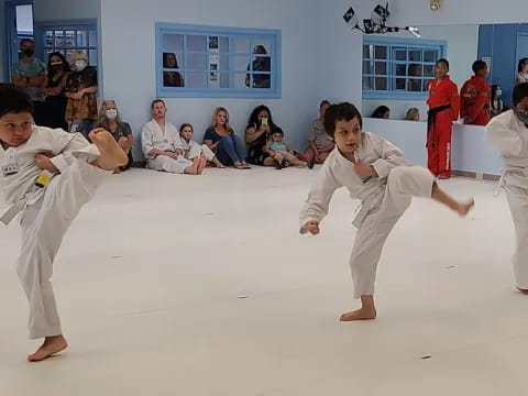 a group of people in karate uniforms