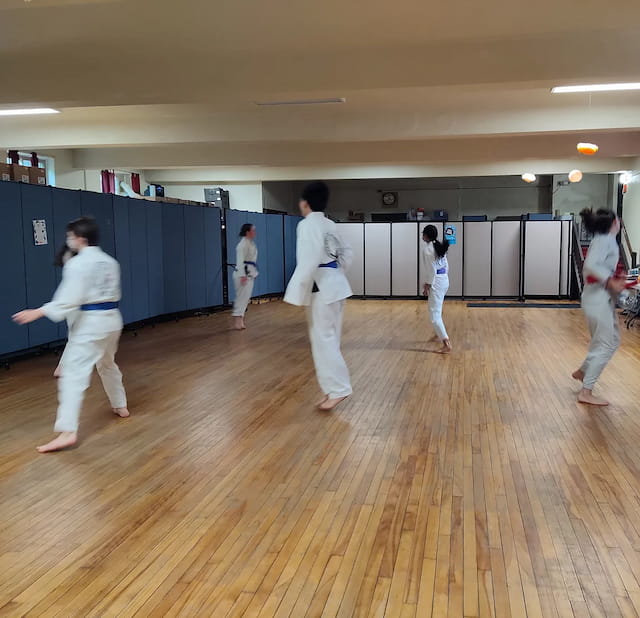 a group of people in karate uniforms