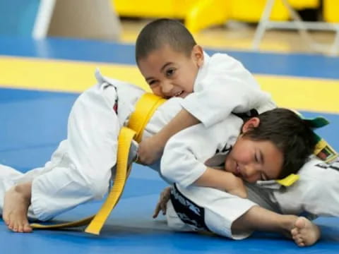 a couple of boys in karate uniforms