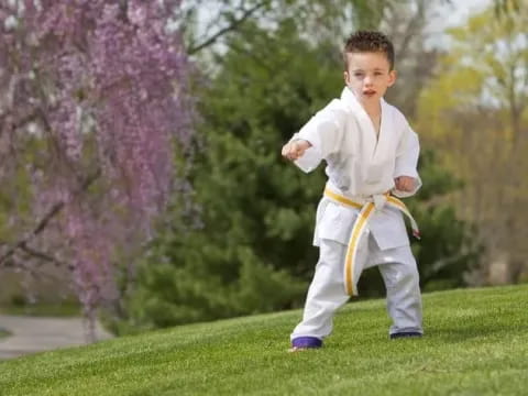 a boy in a karate uniform