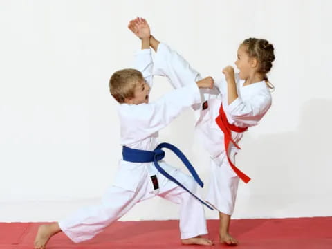 a boy and a girl in karate uniforms