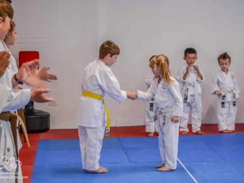 a group of people in karate uniforms