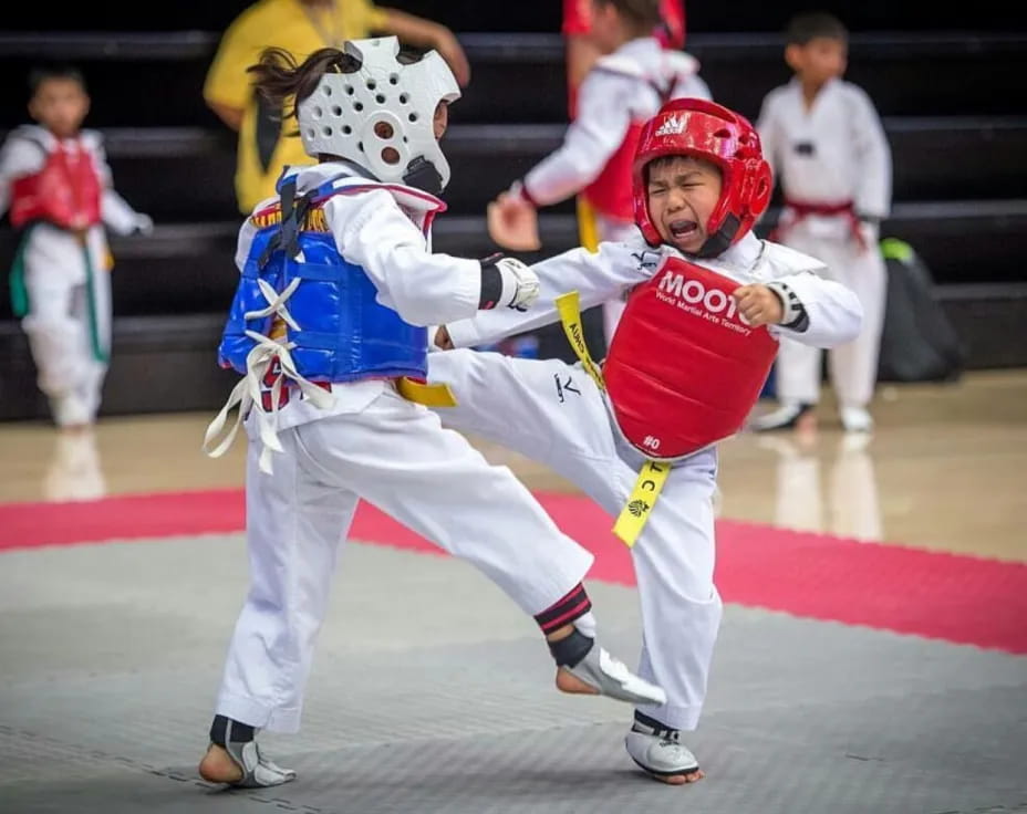 a man and a woman in a karate uniform fighting