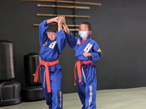 a group of boys in blue karate uniforms with white masks on their faces