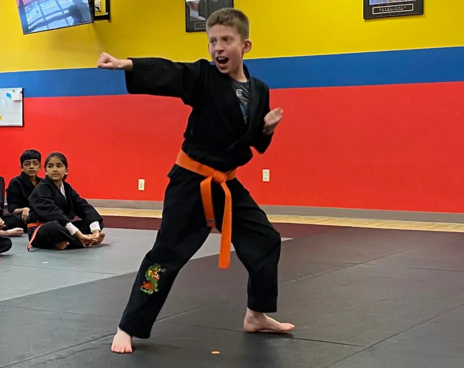 a boy in a martial arts uniform