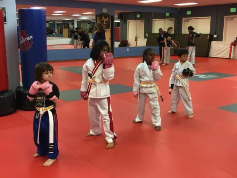 a group of children in karate uniforms