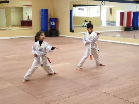 a couple of kids in karate uniforms