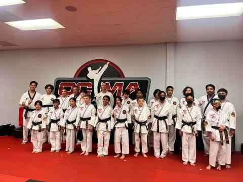 a group of people in white karate uniforms standing in front of a flag