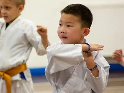 a few young boys in karate uniforms