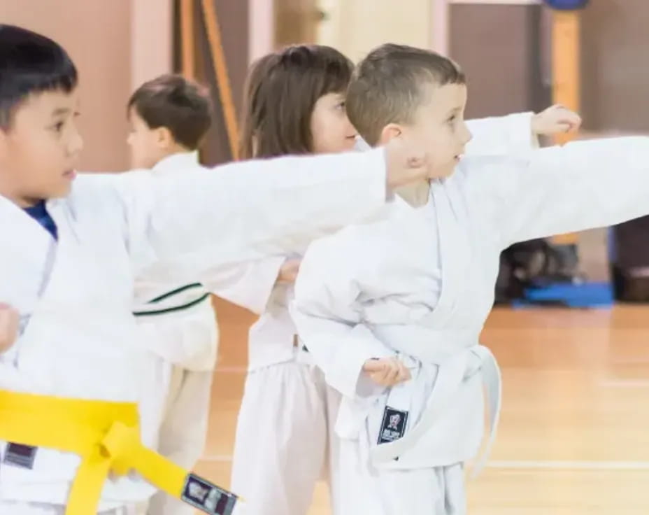 a group of children in karate uniforms