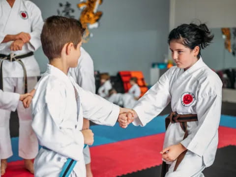 a boy and girl in karate uniforms