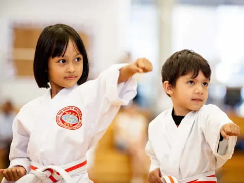a couple of kids in karate uniforms