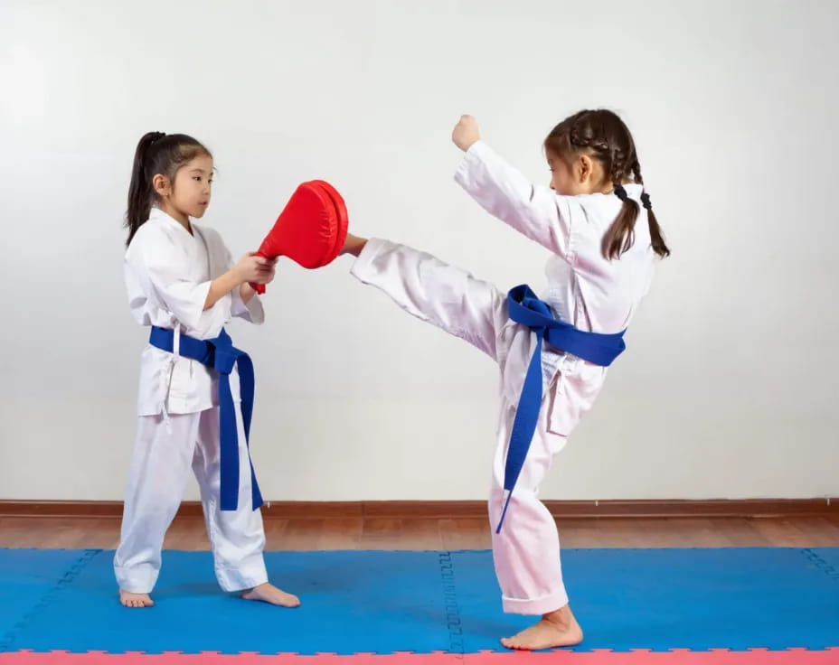 a couple of girls in karate uniforms