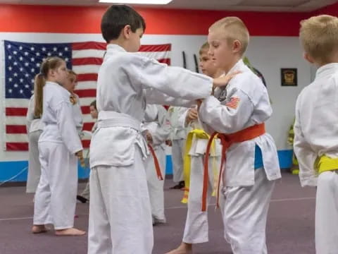 a group of children in karate uniforms