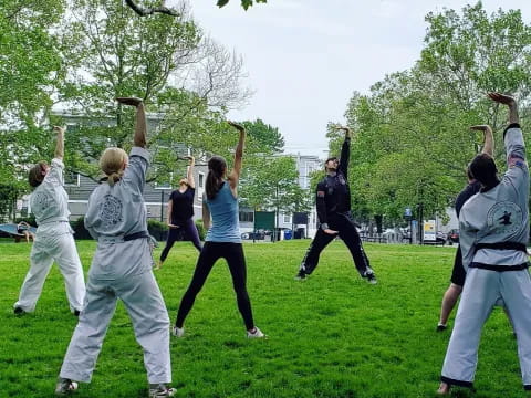 a group of people in a park