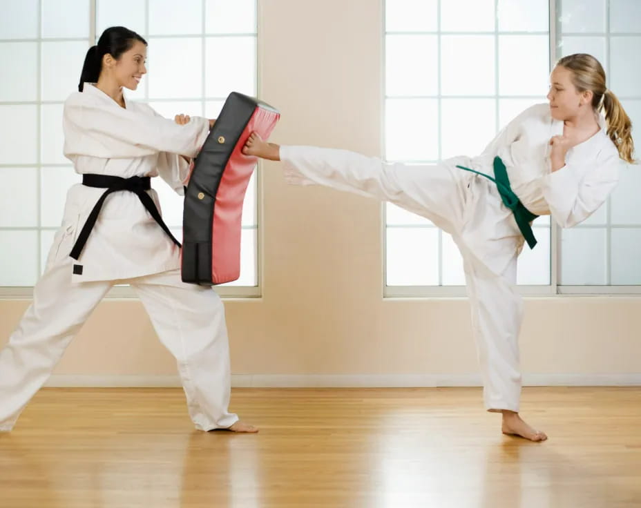 a couple of women in karate uniforms