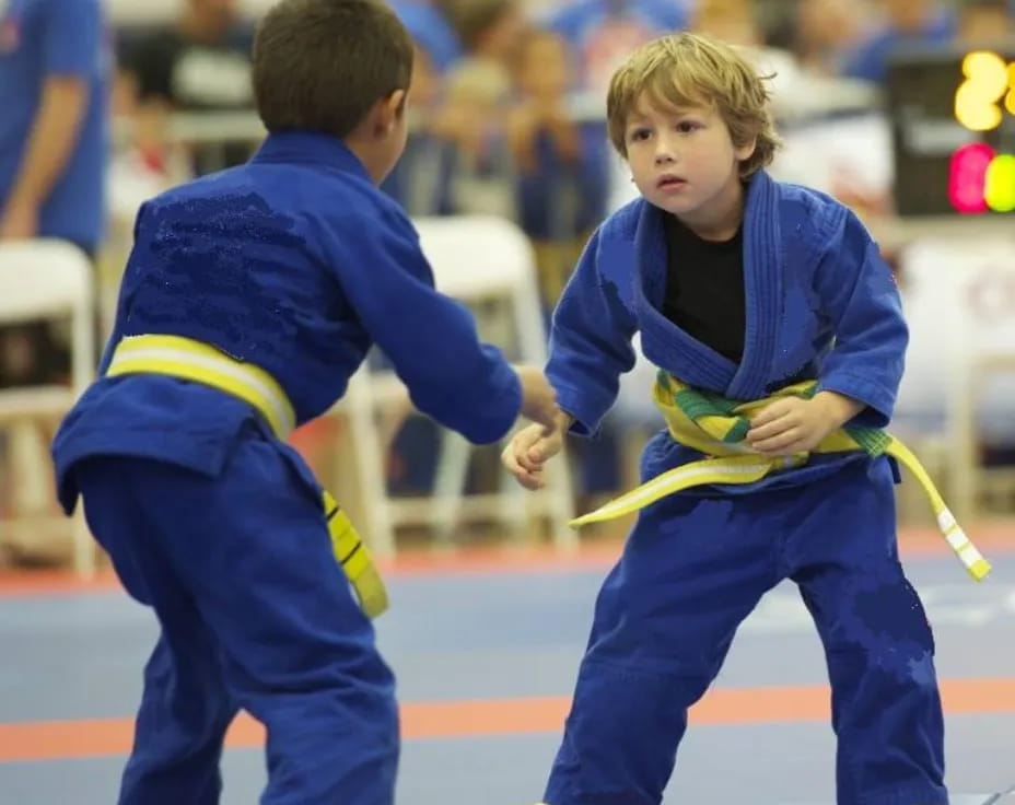 a couple of kids in blue karate uniforms holding yellow sticks