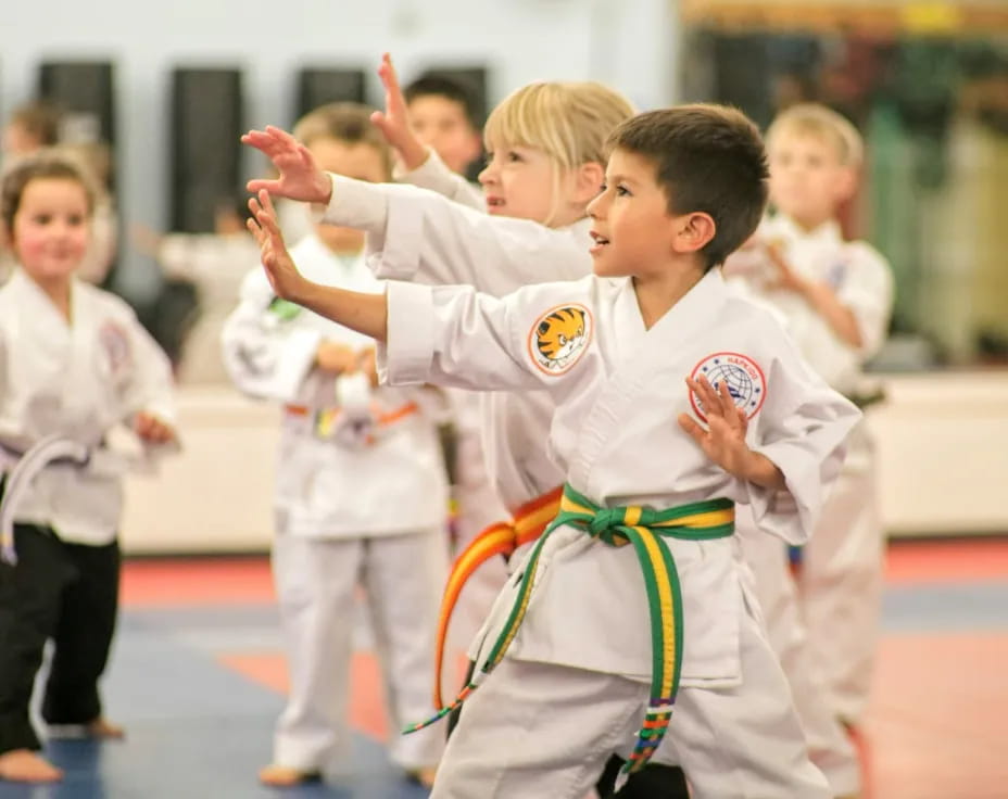 a group of children in karate uniforms