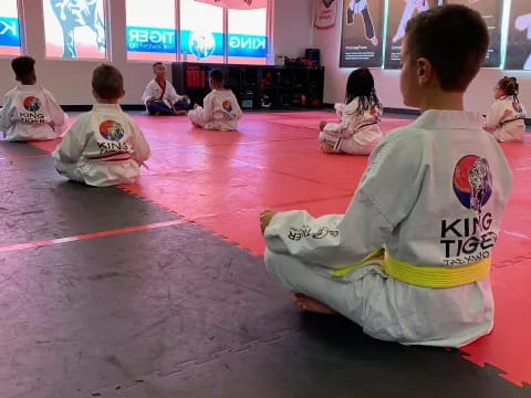 a group of children sitting on the floor in a room with flags