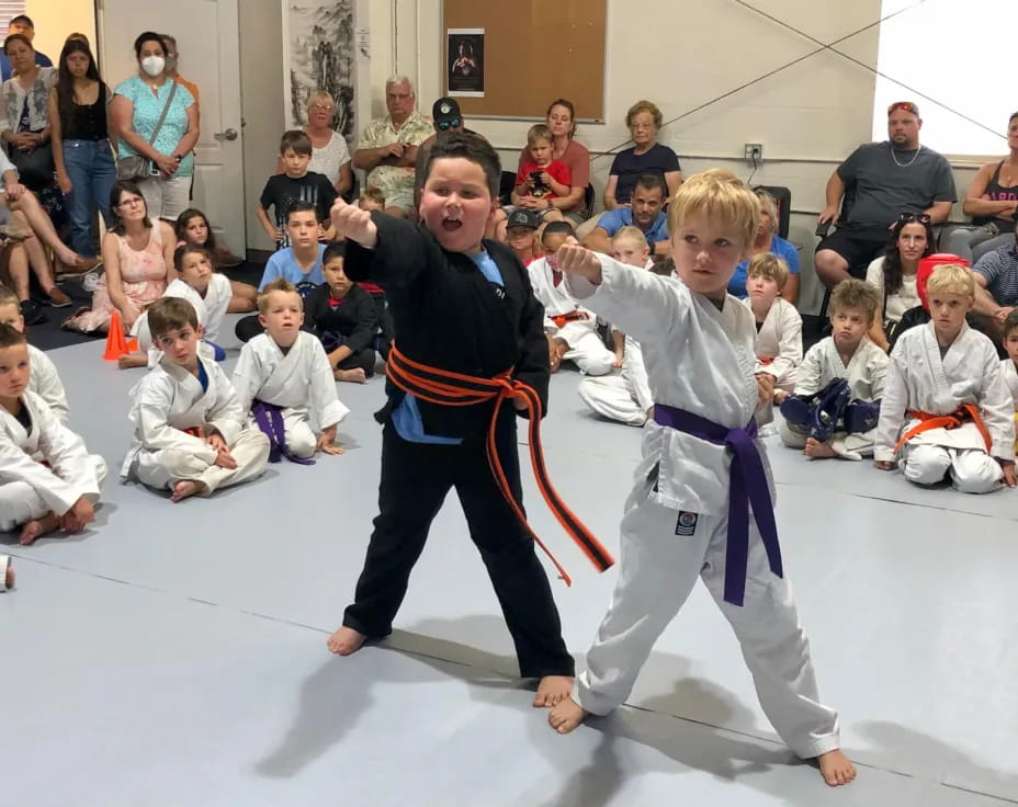 a person and a boy in karate uniforms with a crowd watching