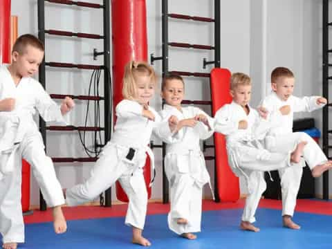 a group of children in karate uniforms