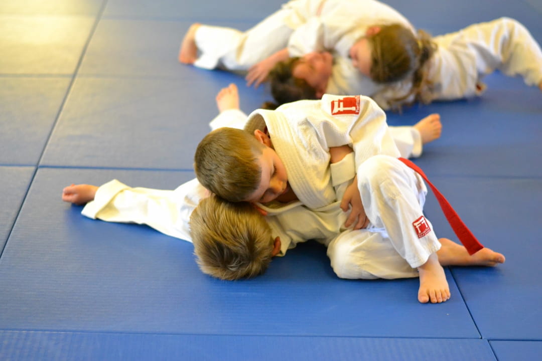 a group of children in karate uniforms